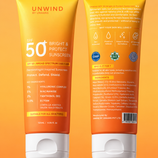 UNWIND SPF 50 Bright & Protect Sunscreen – Broad Spectrum UVA/UVB | 120ml